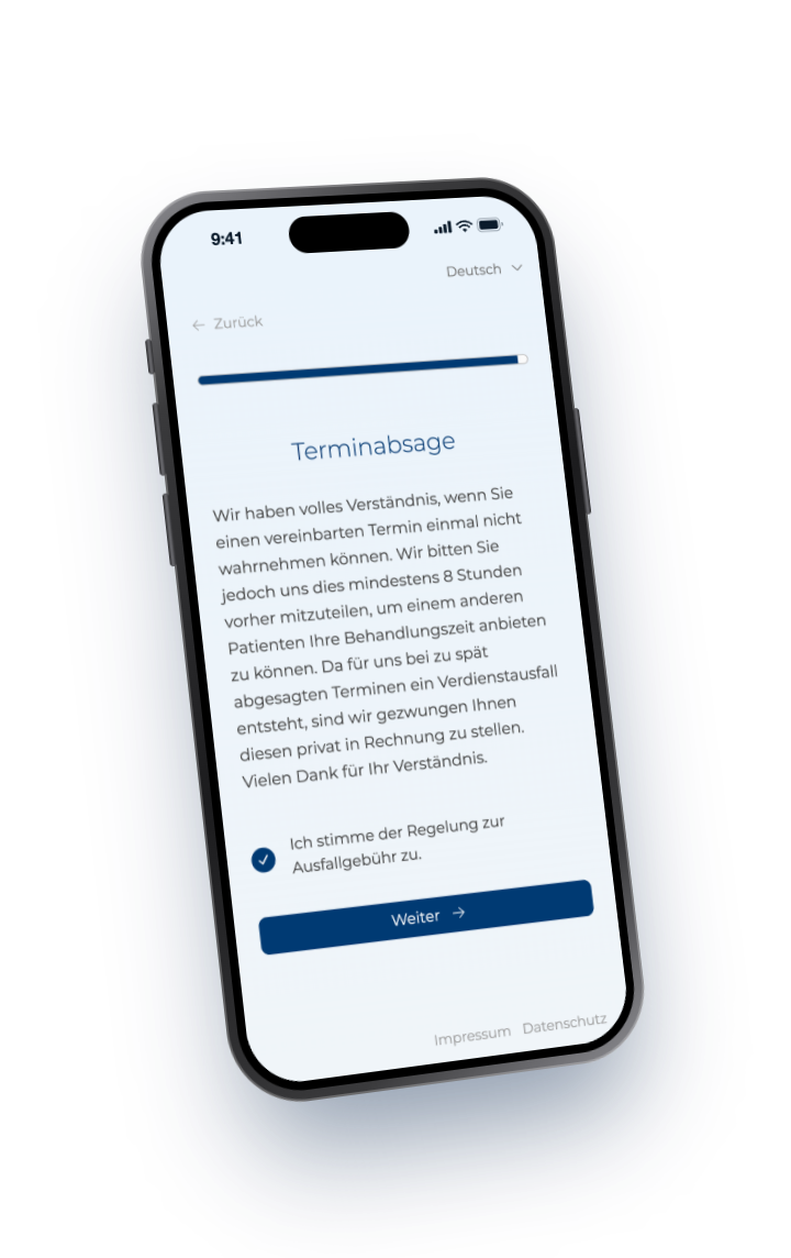 Seite „Terminabsage“ im digitalen Anamnesebogen mit bestätigter Checkbox zur Ausfallgebühr