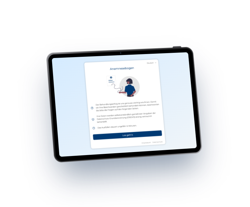 Startseite des digitalen Anamnesebogens auf dem Tablet